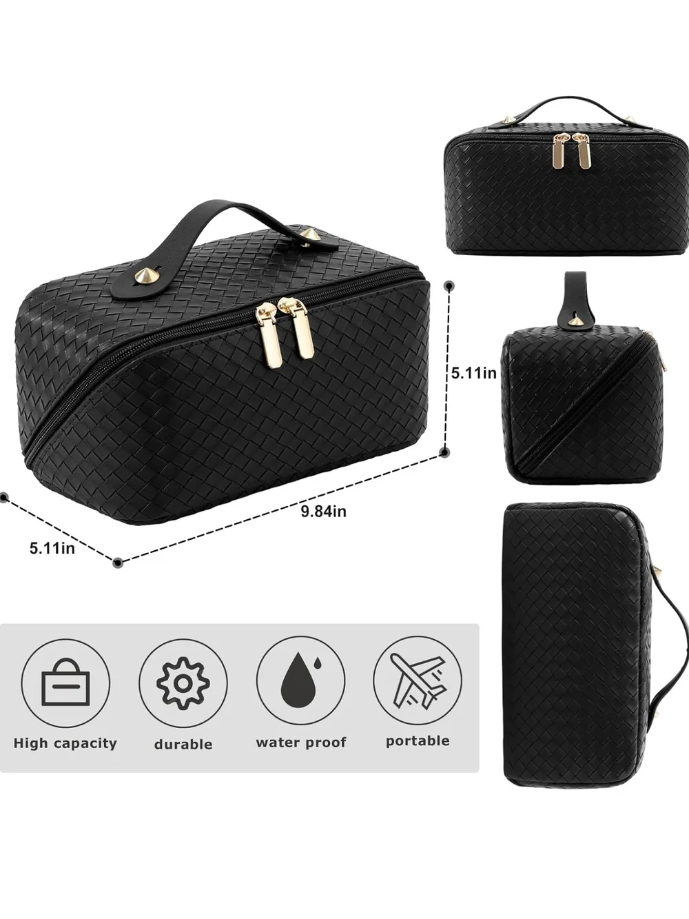 Black Woven Cosmetic Travel Case with Gold Hardware